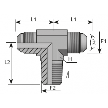 Тройник краен, резба JIC 37°, конус 74° към BSP резба